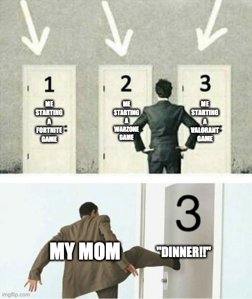 Gamer Pain | ME STARTING A WARZONE GAME; ME STARTING A VALORANT GAME; ME STARTING A FORTNITE GAME; MY MOM; "DINNER!!" | image tagged in three doors | made w/ Imgflip meme maker