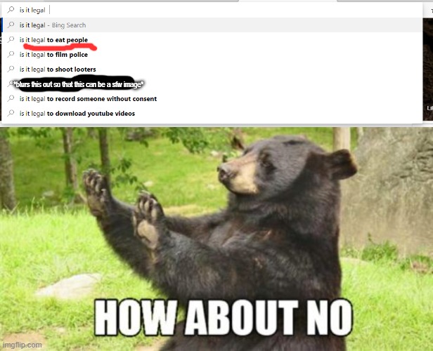 i was trying to google something and welp this popped up... | *blurs this out so that this can be a sfw image* | image tagged in memes,how about no bear | made w/ Imgflip meme maker