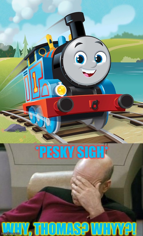 WHAT IS THIS?! | *PESKY SIGH*; WHY, THOMAS? WHYY?! | image tagged in memes,captain picard facepalm | made w/ Imgflip meme maker