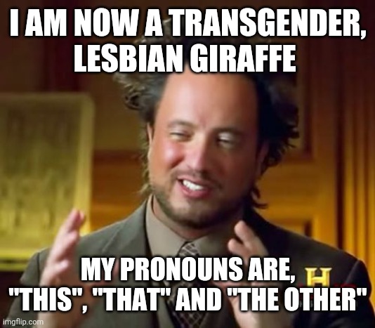Ancient Aliens | I AM NOW A TRANSGENDER, LESBIAN GIRAFFE; MY PRONOUNS ARE, "THIS", "THAT" AND "THE OTHER" | image tagged in memes,ancient aliens | made w/ Imgflip meme maker