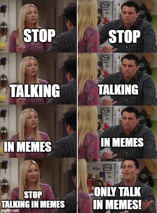 There is always a meme to be spoken | STOP; STOP; TALKING; TALKING; IN MEMES; IN MEMES; ONLY TALK IN MEMES! STOP TALKING IN MEMES | image tagged in phoebe teaching joey in friends,memes,talking | made w/ Imgflip meme maker