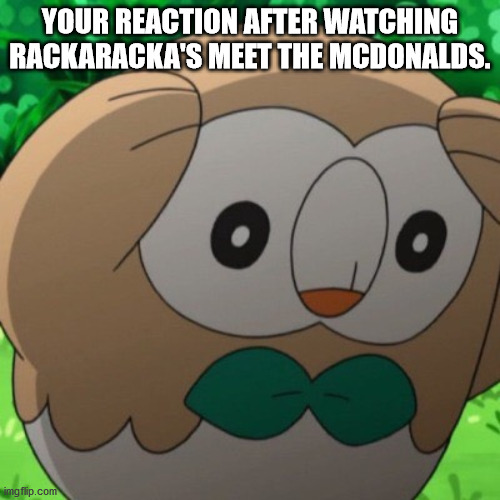 Rowlet Meme Template | YOUR REACTION AFTER WATCHING RACKARACKA'S MEET THE MCDONALDS. | image tagged in rowlet meme template | made w/ Imgflip meme maker