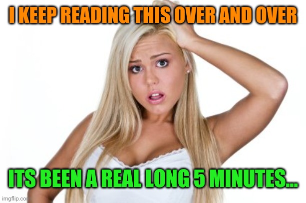 Dumb Blonde | I KEEP READING THIS OVER AND OVER ITS BEEN A REAL LONG 5 MINUTES... | image tagged in dumb blonde | made w/ Imgflip meme maker