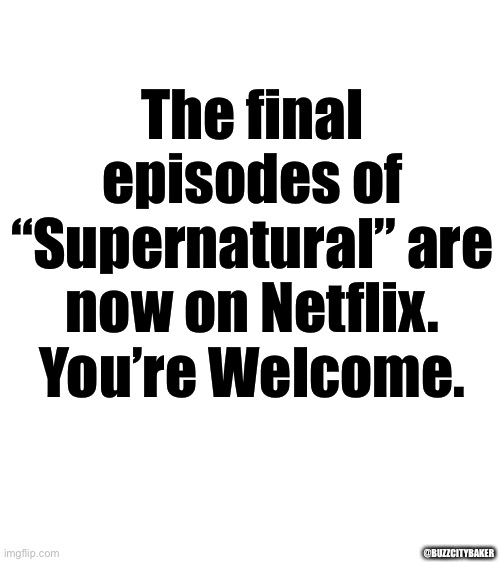 Blank White Template | The final episodes of “Supernatural” are now on Netflix. You’re Welcome. @BUZZCITYBAKER | image tagged in blank white template | made w/ Imgflip meme maker