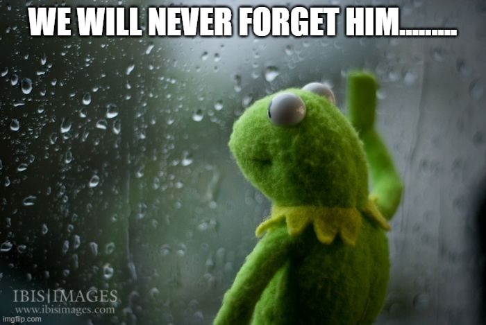 kermit window | WE WILL NEVER FORGET HIM......... | image tagged in kermit window | made w/ Imgflip meme maker