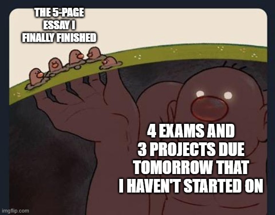 College Be Like |  THE 5-PAGE ESSAY I FINALLY FINISHED; 4 EXAMS AND 3 PROJECTS DUE TOMORROW THAT I HAVEN'T STARTED ON | image tagged in big diglett underground | made w/ Imgflip meme maker