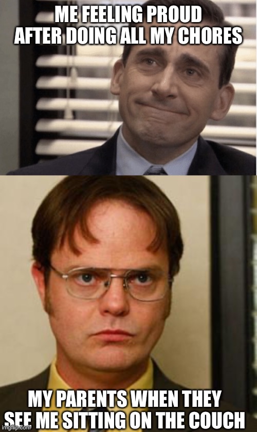ME FEELING PROUD AFTER DOING ALL MY CHORES; MY PARENTS WHEN THEY SEE ME SITTING ON THE COUCH | image tagged in proudness,dwight fact | made w/ Imgflip meme maker