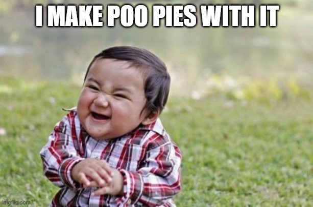 Evil Toddler Meme | I MAKE POO PIES WITH IT | image tagged in memes,evil toddler | made w/ Imgflip meme maker