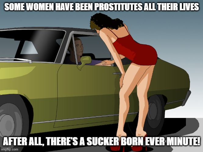 Life Long Whore | SOME WOMEN HAVE BEEN PROSTITUTES ALL THEIR LIVES; AFTER ALL, THERE’S A SUCKER BORN EVER MINUTE! | image tagged in prostitute | made w/ Imgflip meme maker
