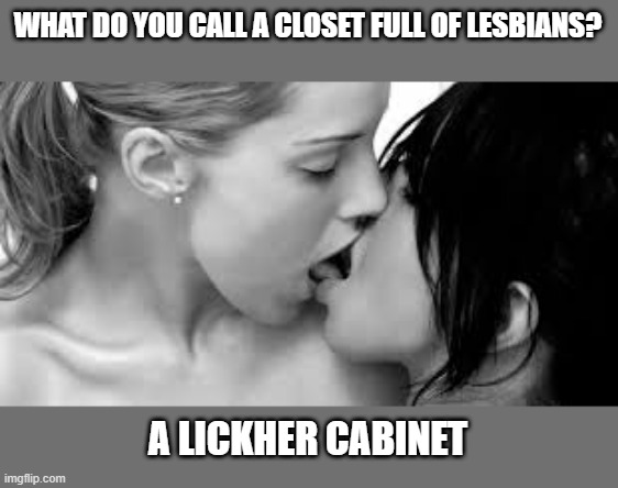Lesbian Cabinet | WHAT DO YOU CALL A CLOSET FULL OF LESBIANS? A LICKHER CABINET | image tagged in lesbian | made w/ Imgflip meme maker