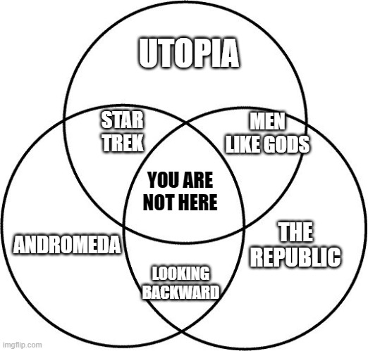 Venn diagram | UTOPIA; STAR TREK; MEN LIKE GODS; YOU ARE NOT HERE; ANDROMEDA; THE REPUBLIC; LOOKING BACKWARD | image tagged in venn diagram | made w/ Imgflip meme maker