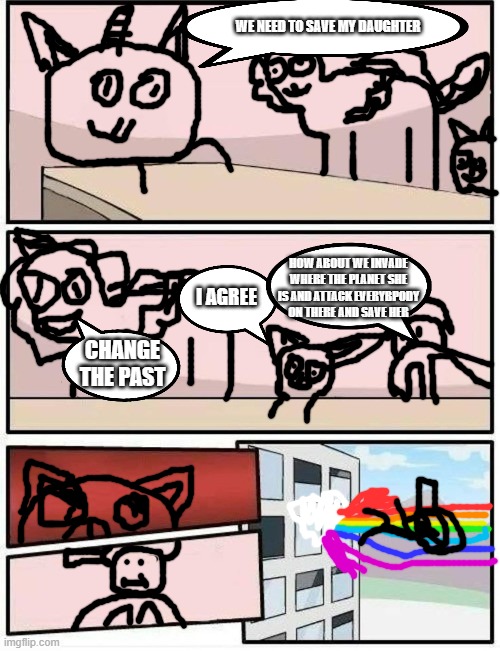 boardroom meeting but its kitten valley | WE NEED TO SAVE MY DAUGHTER; HOW ABOUT WE INVADE WHERE THE PLANET SHE IS AND ATTACK EVERYBPODY ON THERE AND SAVE HER; I AGREE; CHANGE THE PAST | image tagged in empty boardroom meeting suggestion | made w/ Imgflip meme maker