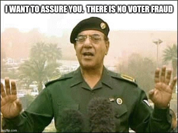no  voter fraud | I WANT TO ASSURE YOU.  THERE IS NO VOTER FRAUD | image tagged in bagdad bob | made w/ Imgflip meme maker