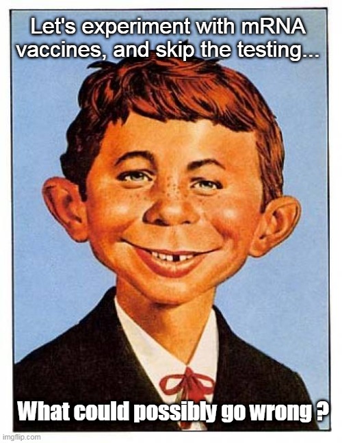 Alfred E. Neuman | Let's experiment with mRNA vaccines, and skip the testing... What could possibly go wrong ? | image tagged in alfred e neuman | made w/ Imgflip meme maker
