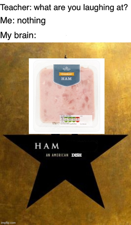 Ham, an American Dish | DISH | image tagged in teacher what are you laughing at | made w/ Imgflip meme maker