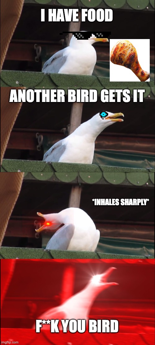 Inhaling Seagull Meme | I HAVE FOOD; ANOTHER BIRD GETS IT; *INHALES SHARPLY*; F**K YOU BIRD | image tagged in memes,inhaling seagull | made w/ Imgflip meme maker