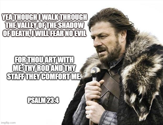 Psalm 23:4 | YEA THOUGH I WALK THROUGH THE VALLEY OF THE SHADOW OF DEATH, I WILL FEAR NO EVIL; FOR THOU ART WITH ME; THY ROD AND THY STAFF THEY COMFORT ME. PSALM 23:4 | image tagged in memes,brace yourselves x is coming,psalms,comfort,god,death | made w/ Imgflip meme maker