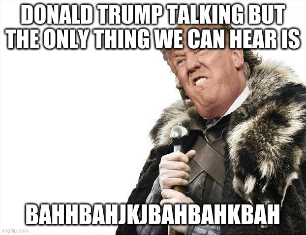 Brace Yourselves X is Coming | DONALD TRUMP TALKING BUT THE ONLY THING WE CAN HEAR IS; BAHHBAHJKJBAHBAHKBAH | image tagged in memes,brace yourselves x is coming | made w/ Imgflip meme maker