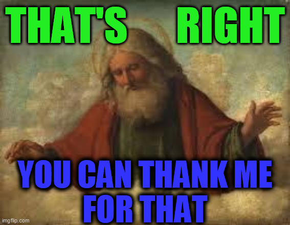 god | THAT'S      RIGHT YOU CAN THANK ME
FOR THAT | image tagged in god | made w/ Imgflip meme maker