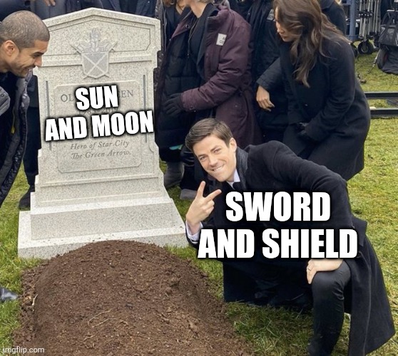 Sun and moon is dead now | SUN AND MOON; SWORD AND SHIELD | image tagged in barry allen grave,pokemon sun and moon,pokemon sword and shield | made w/ Imgflip meme maker