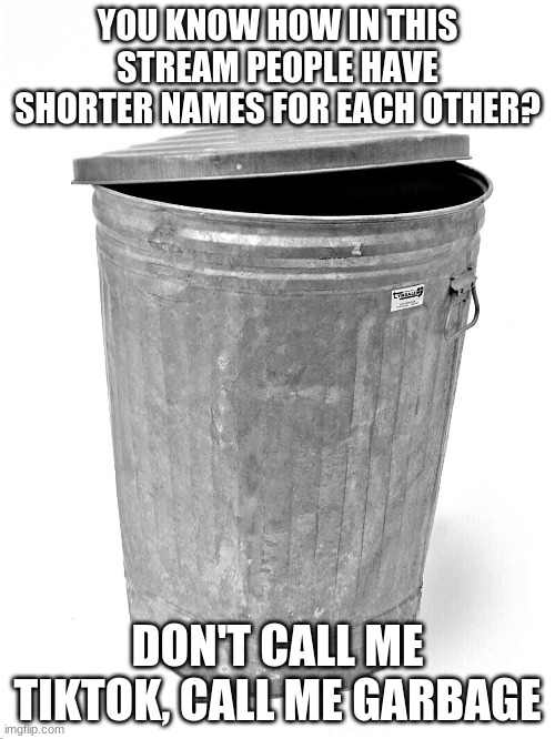 I am garbage | YOU KNOW HOW IN THIS STREAM PEOPLE HAVE SHORTER NAMES FOR EACH OTHER? DON'T CALL ME TIKTOK, CALL ME GARBAGE | image tagged in trash can | made w/ Imgflip meme maker