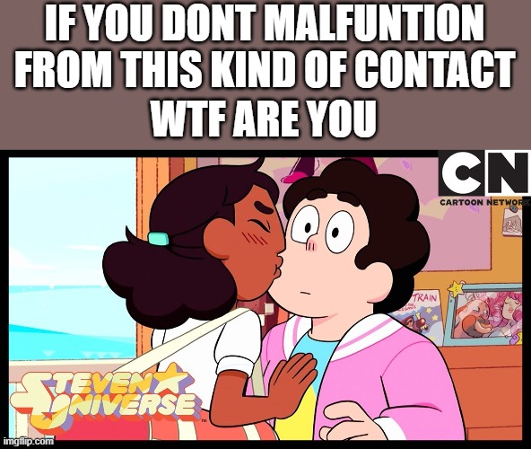 oof i | IF YOU DONT MALFUNTION FROM THIS KIND OF CONTACT; WTF ARE YOU | image tagged in connie kissing steven | made w/ Imgflip meme maker