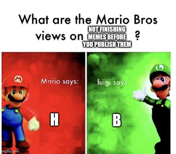 Mario Bros Views | NOT FINISHING MEMES BEFORE YOU PUBLISH THEM; H; B | image tagged in mario bros views | made w/ Imgflip meme maker