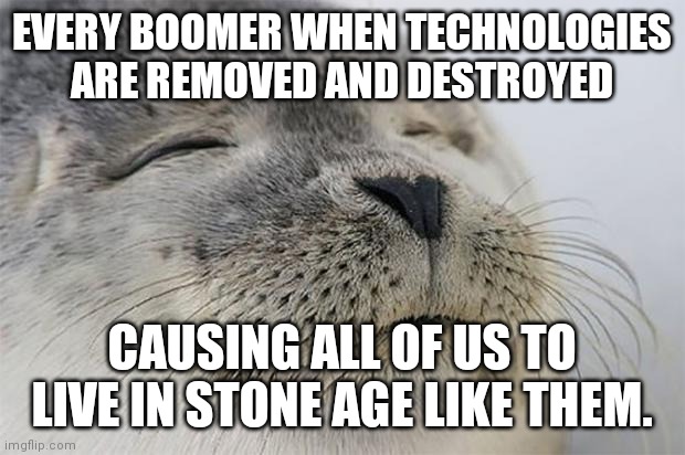 Satisfied Seal | EVERY BOOMER WHEN TECHNOLOGIES ARE REMOVED AND DESTROYED; CAUSING ALL OF US TO LIVE IN STONE AGE LIKE THEM. | image tagged in memes,satisfied seal | made w/ Imgflip meme maker
