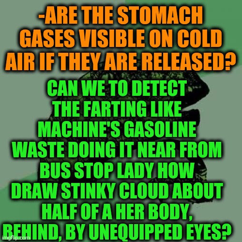 -Great mystery. | CAN WE TO DETECT THE FARTING LIKE MACHINE'S GASOLINE WASTE DOING IT NEAR FROM BUS STOP LADY HOW DRAW STINKY CLOUD ABOUT HALF OF A HER BODY, BEHIND, BY UNEQUIPPED EYES? -ARE THE STOMACH GASES VISIBLE ON COLD AIR IF THEY ARE RELEASED? | image tagged in memes,philosoraptor,hold fart,visible confusion,bus stop,disaster girl | made w/ Imgflip meme maker