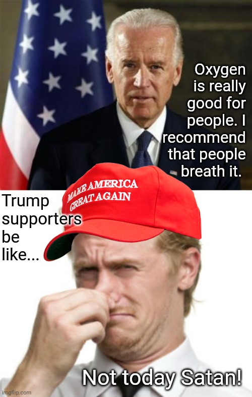 Don't hold your breath... | Oxygen is really good for people. I recommend that people breath it. Trump supporters be like... Not today Satan! | image tagged in trump supporters,trump,biden,republicans,democrats | made w/ Imgflip meme maker