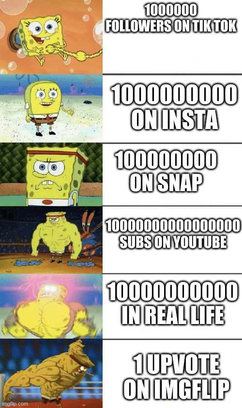 SpOnGEBoB StRoNk foLLoWerS | 1000000 FOLLOWERS ON TIK TOK; 1000000000 ON INSTA; 100000000 ON SNAP; 10000000000000000 SUBS ON YOUTUBE; 10000000000 IN REAL LIFE; 1 UPVOTE ON IMGFLIP | image tagged in spongebob strong | made w/ Imgflip meme maker