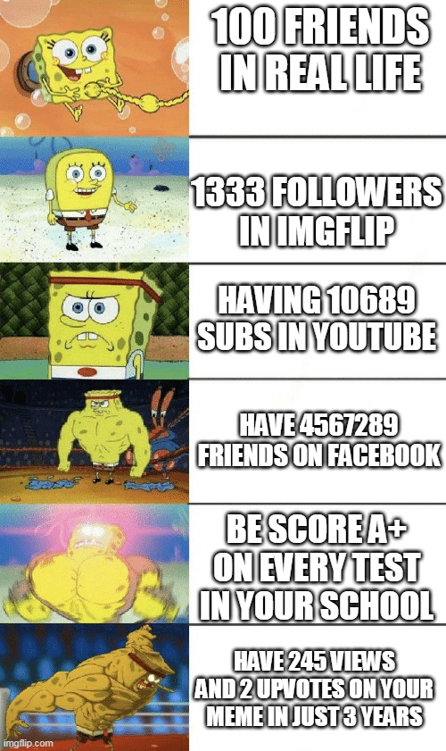 The last is very cool | 100 FRIENDS IN REAL LIFE; 1333 FOLLOWERS IN IMGFLIP; HAVING 10689 SUBS IN YOUTUBE; HAVE 4567289 FRIENDS ON FACEBOOK; BE SCORE A+ ON EVERY TEST IN YOUR SCHOOL; HAVE 245 VIEWS AND 2 UPVOTES ON YOUR MEME IN JUST 3 YEARS | image tagged in spongebob strong | made w/ Imgflip meme maker