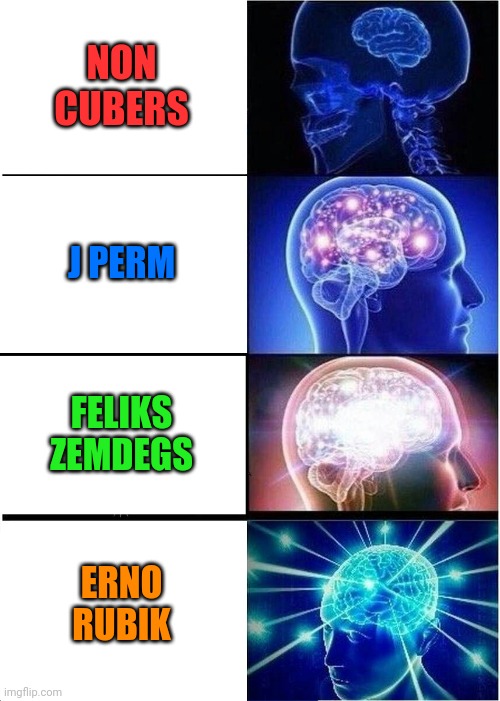 Different cubers | NON CUBERS; J PERM; FELIKS ZEMDEGS; ERNO RUBIK | image tagged in memes,expanding brain,rubiks cube | made w/ Imgflip meme maker