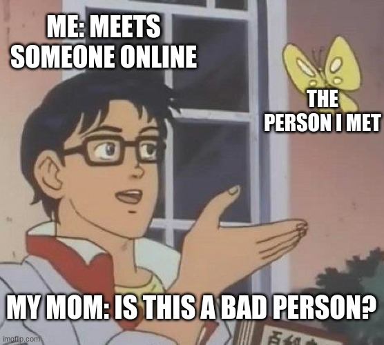 Is This A Pigeon Meme | ME: MEETS SOMEONE ONLINE; THE PERSON I MET; MY MOM: IS THIS A BAD PERSON? | image tagged in memes,is this a pigeon | made w/ Imgflip meme maker