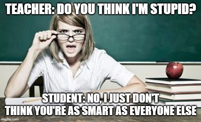 teacher | TEACHER: DO YOU THINK I'M STUPID? STUDENT: NO, I JUST DON'T THINK YOU'RE AS SMART AS EVERYONE ELSE | image tagged in teacher | made w/ Imgflip meme maker