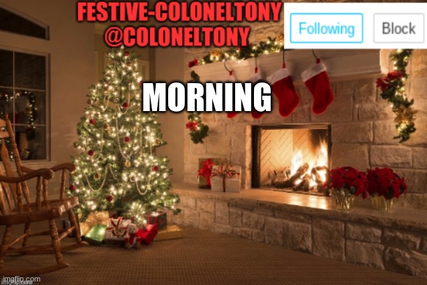 Festive ColonelTony Ancoument | MORNING | image tagged in festive coloneltony ancoument | made w/ Imgflip meme maker