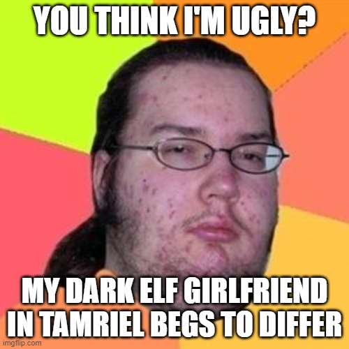 fat gamer | YOU THINK I'M UGLY? MY DARK ELF GIRLFRIEND IN TAMRIEL BEGS TO DIFFER | image tagged in fat gamer | made w/ Imgflip meme maker