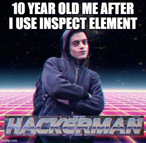 HackerMan | 10 YEAR OLD ME AFTER I USE INSPECT ELEMENT | image tagged in hackerman | made w/ Imgflip meme maker
