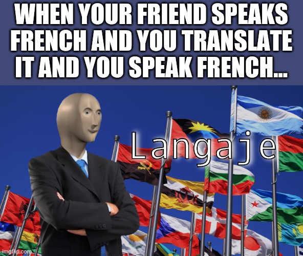 Langaje | WHEN YOUR FRIEND SPEAKS FRENCH AND YOU TRANSLATE IT AND YOU SPEAK FRENCH... | image tagged in meme man langaje,language,funny memes,memes,stonks,meme man | made w/ Imgflip meme maker