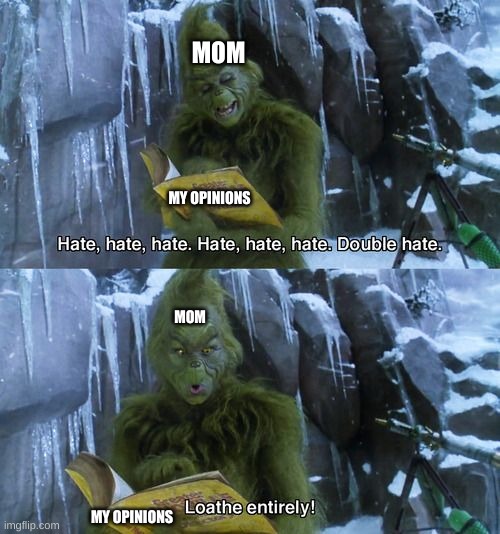 Grinch | MOM; MY OPINIONS; MOM; MY OPINIONS | image tagged in grinch | made w/ Imgflip meme maker