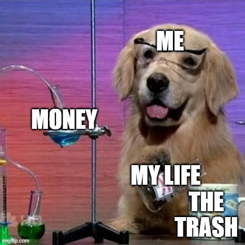 I Have No Idea What I Am Doing Dog | ME; MONEY; MY LIFE; THE TRASH | image tagged in memes,i have no idea what i am doing dog | made w/ Imgflip meme maker