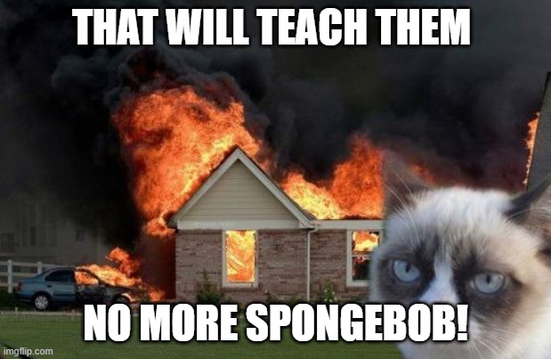 Burn Kitty | THAT WILL TEACH THEM; NO MORE SPONGEBOB! | image tagged in memes,burn kitty,grumpy cat | made w/ Imgflip meme maker