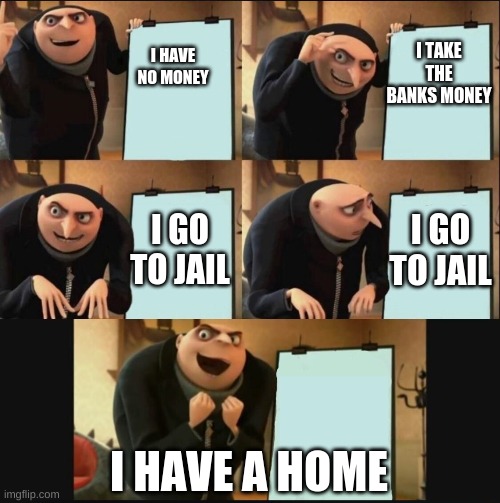 5 panel gru meme | I TAKE THE BANKS MONEY; I HAVE NO MONEY; I GO TO JAIL; I GO TO JAIL; I HAVE A HOME | image tagged in 5 panel gru meme,WholesomeMemes4SadPpl | made w/ Imgflip meme maker