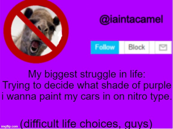 XD | My biggest struggle in life: Trying to decide what shade of purple i wanna paint my cars in on nitro type. (difficult life choices, guys) | image tagged in iaintacamel | made w/ Imgflip meme maker