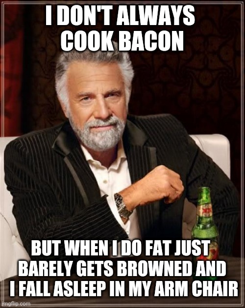 Family Matters | I DON'T ALWAYS 
COOK BACON; BUT WHEN I DO FAT JUST 
BARELY GETS BROWNED AND
 I FALL ASLEEP IN MY ARM CHAIR | image tagged in memes,the most interesting man in the world | made w/ Imgflip meme maker