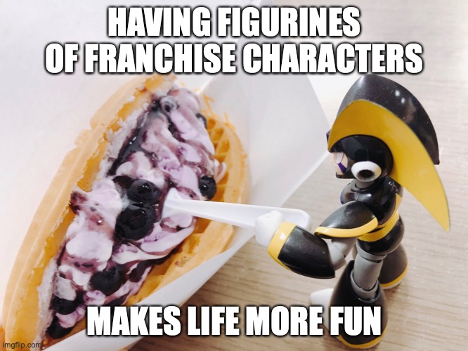 Bass With Crepe | HAVING FIGURINES OF FRANCHISE CHARACTERS; MAKES LIFE MORE FUN | image tagged in bass,megaman,crepe,food,memes | made w/ Imgflip meme maker