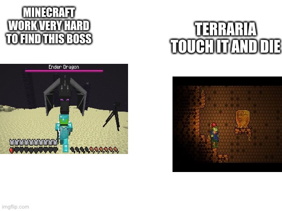 Terraria memes | TERRARIA TOUCH IT AND DIE; MINECRAFT WORK VERY HARD TO FIND THIS BOSS | image tagged in blank white template | made w/ Imgflip meme maker