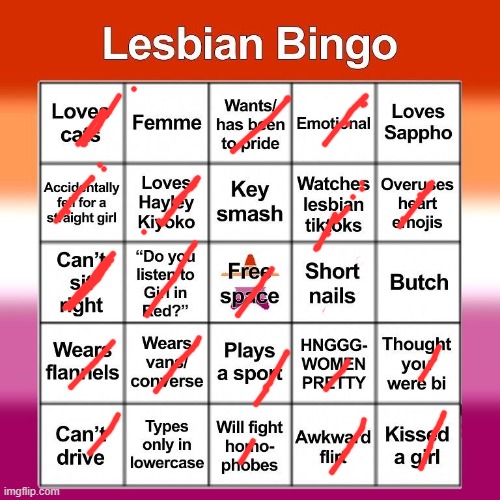 I think  Im gay | image tagged in lesbian bingo | made w/ Imgflip meme maker