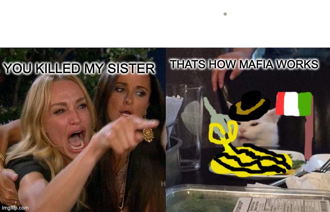 Woman Yelling At Cat Meme | YOU KILLED MY SISTER; THATS HOW MAFIA WORKS | image tagged in memes,woman yelling at cat | made w/ Imgflip meme maker