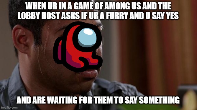 among us | WHEN UR IN A GAME OF AMONG US AND THE LOBBY HOST ASKS IF UR A FURRY AND U SAY YES; AND ARE WAITING FOR THEM TO SAY SOMETHING | image tagged in sweating bullets | made w/ Imgflip meme maker